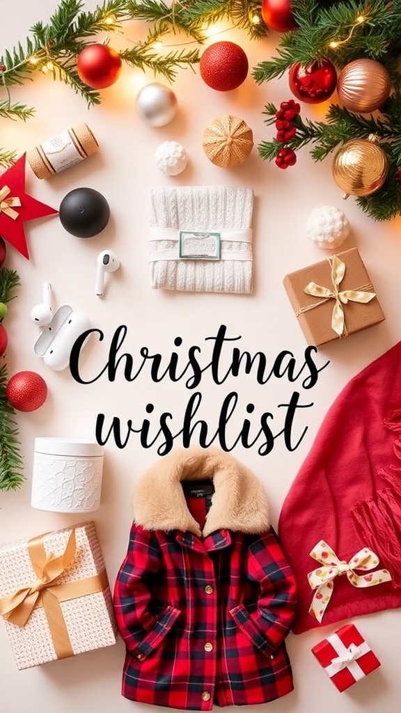 A collection of Christmas wishlist items including tech gadgets, cozy home essentials, and fashion accessories, set against a festive holiday backdrop.